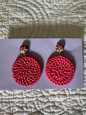 J. Crew Factory Bright Pink Woven Drop Earrings with Multicolor Beaded Studs